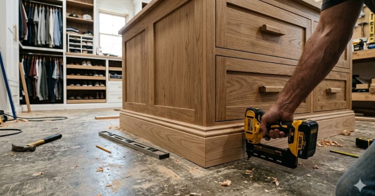 Closet island with custom baseboard molding for a built-in look
