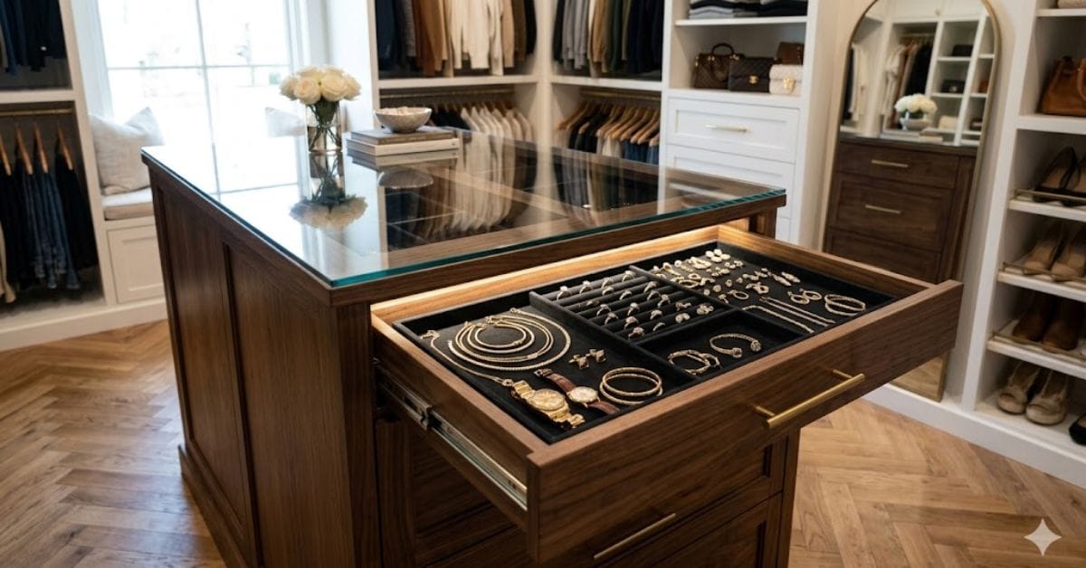 Glass top closet island displaying jewelry and accessories