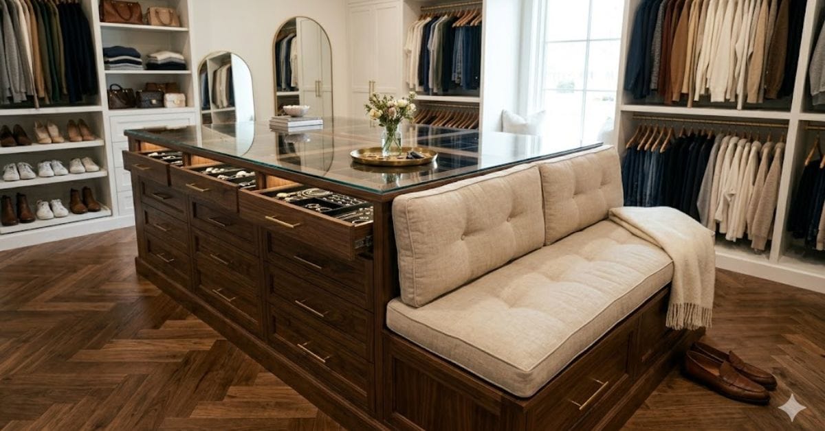 Combined storage island and seating bench for a walk-in closet