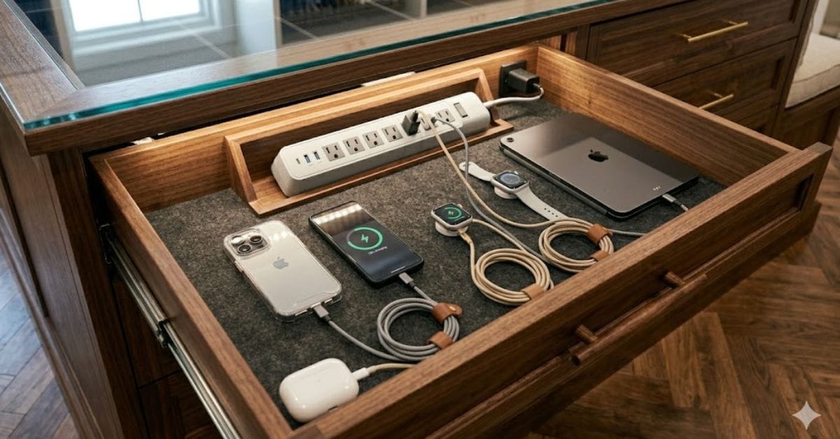 Hidden charging station inside a DIY closet island drawer