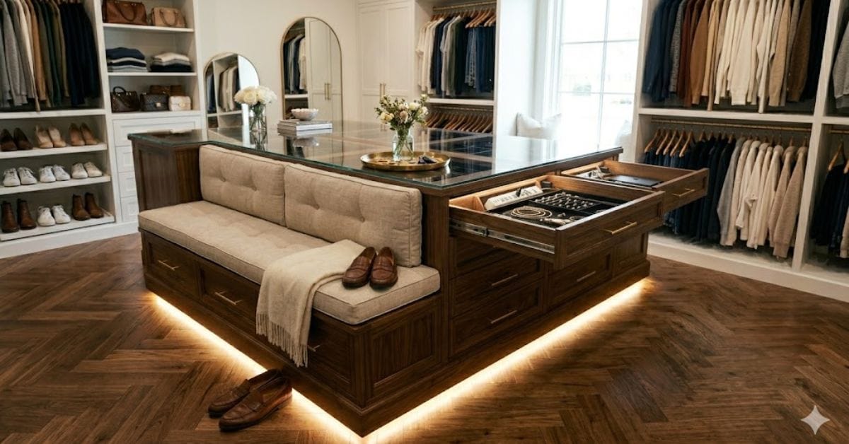 Battery-powered LED strip lights installed under a closet island