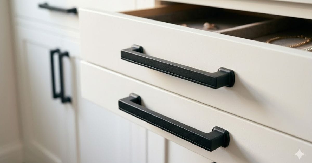 Modern matte black handles on a white DIY closet island