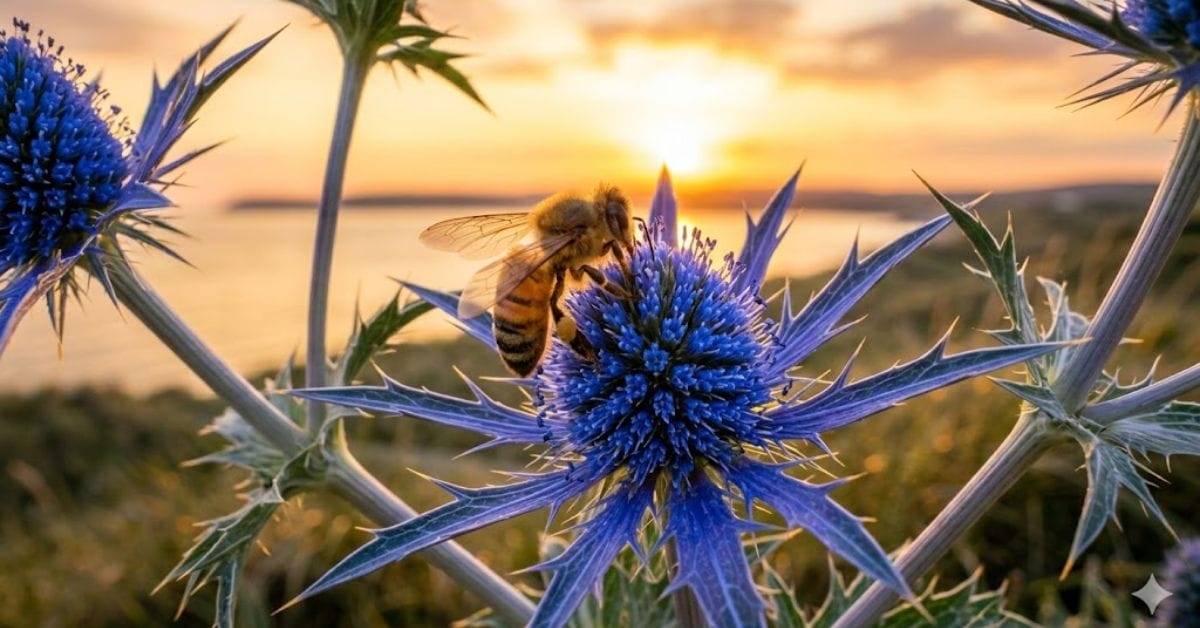 A bee pollinating a Sea Holly flower, illustrating how to grow Sea Holly for wildlife.