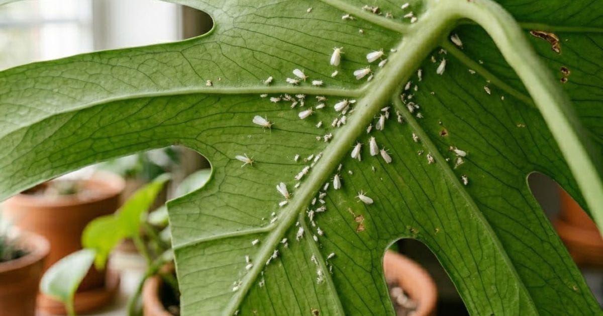 whiteflies on the underside of houseplant leaves