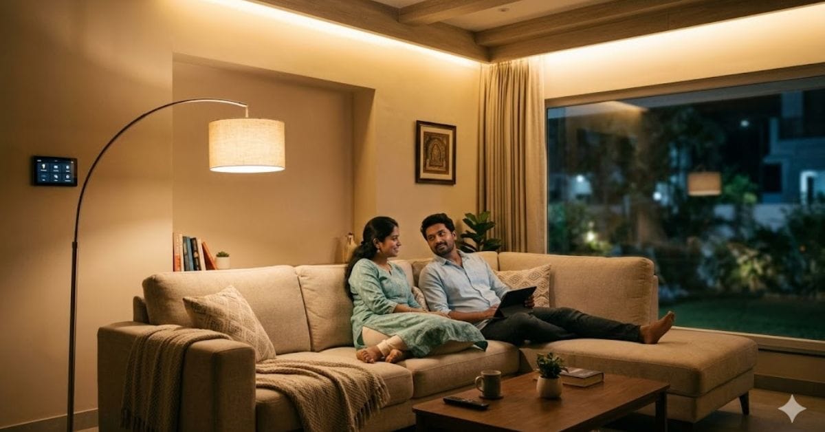 Couple using circadian-friendly warm lighting at home to prevent blue light exposure.