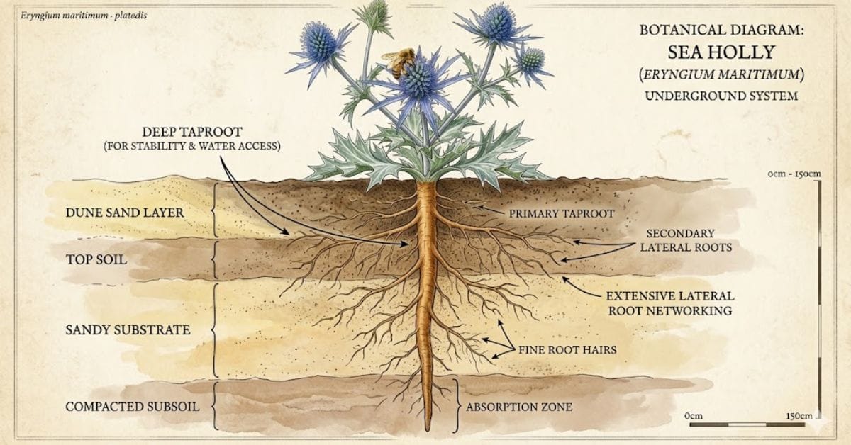 Diagram of the deep taproot system explaining how to grow Sea Holly successfully.