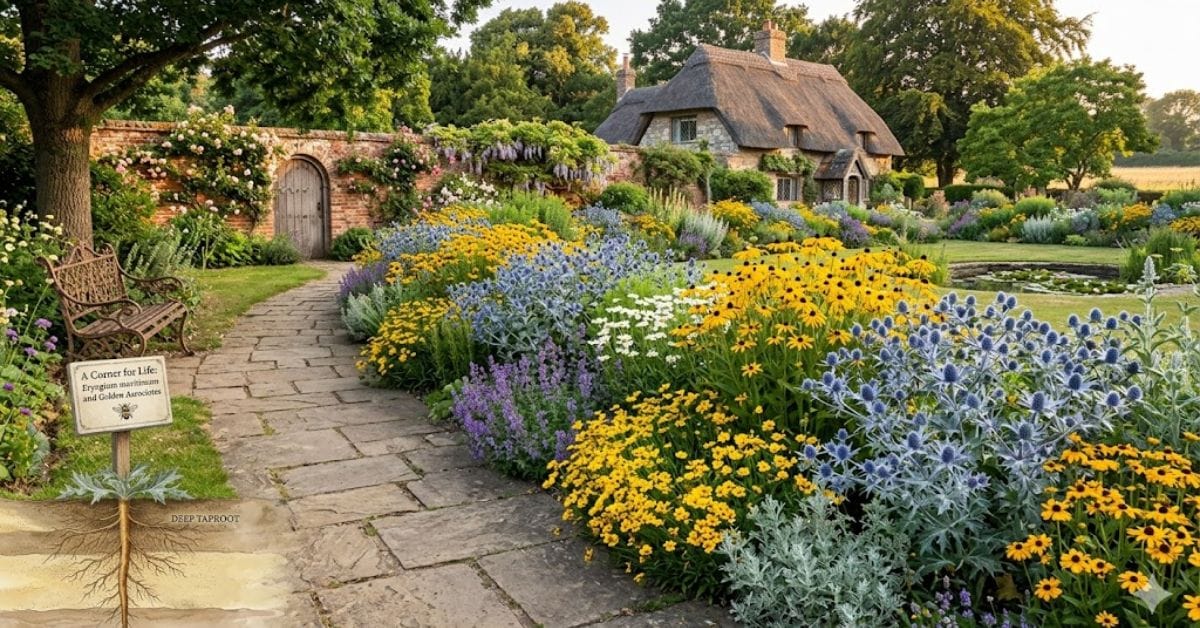 Landscape design tips on how to grow Sea Holly with contrasting yellow perennials.