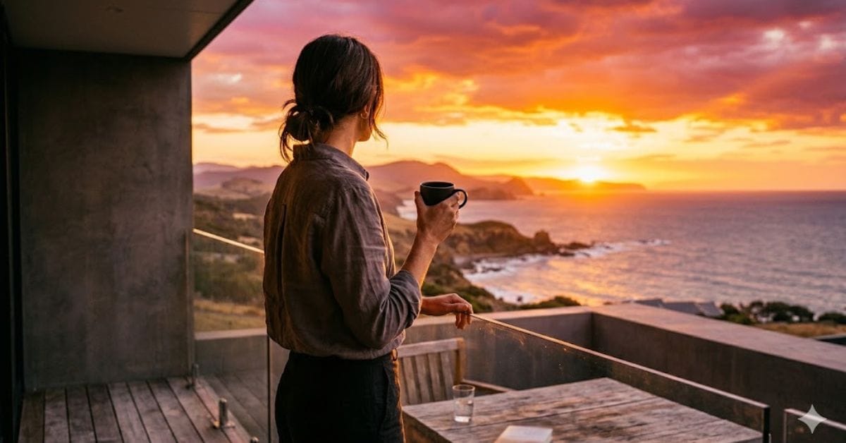 Anti-Consumerist Luxe lifestyle with minimalist balcony view.