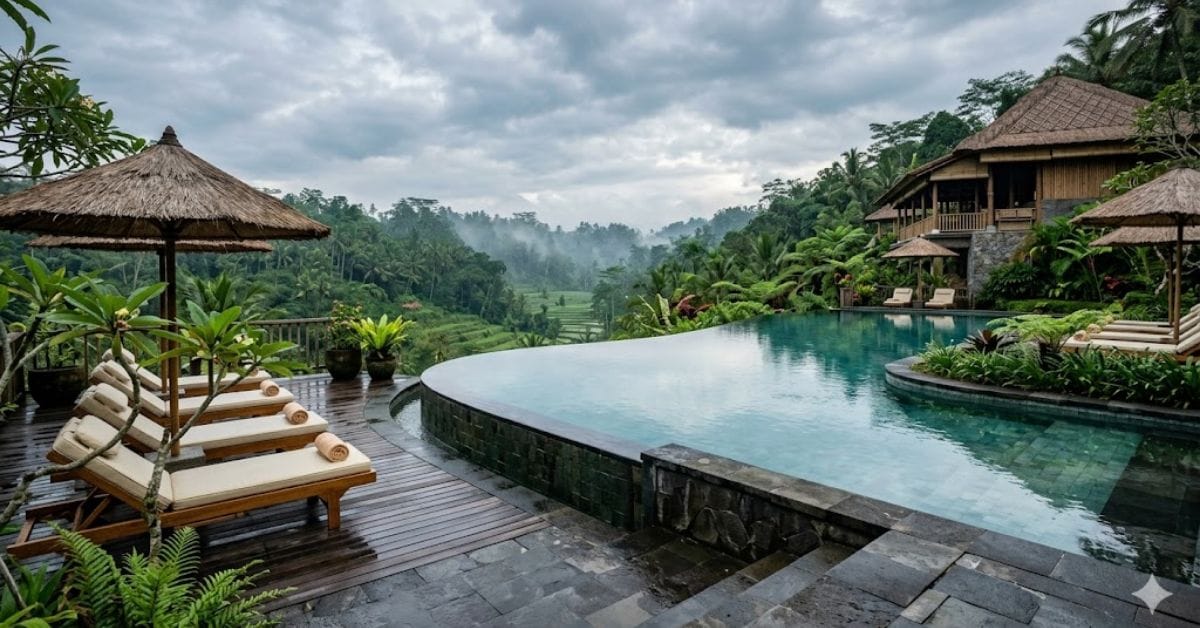 Five-star luxury resort infinity pool during off-season travel.