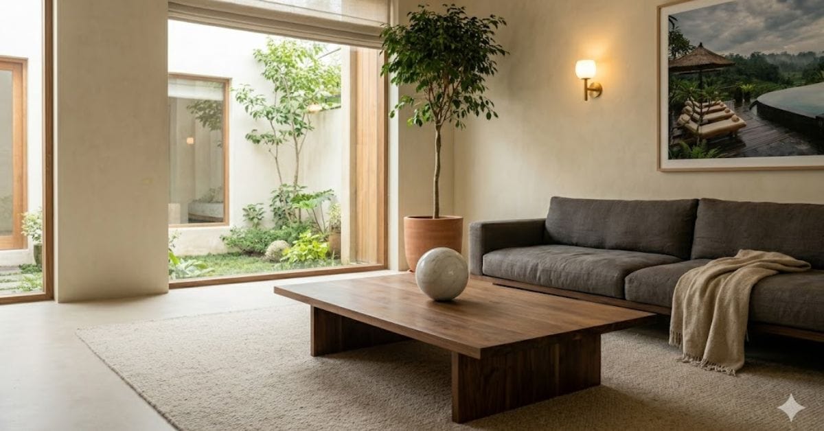 Minimalist home decor with natural wood and marble accents.