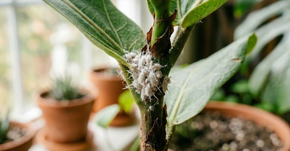 mealybugs on plant stem looking like white cotton