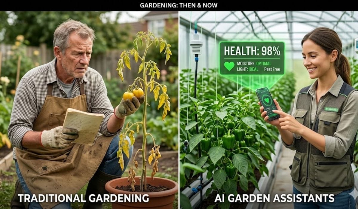 Comparing traditional gardening vs modern gardening using AI Garden Assistants for real-time plant health.