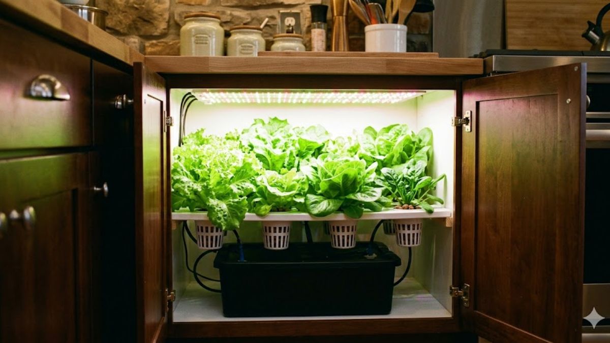 DIY indoor hydroponics setup inside a kitchen cabinet with LED lights.