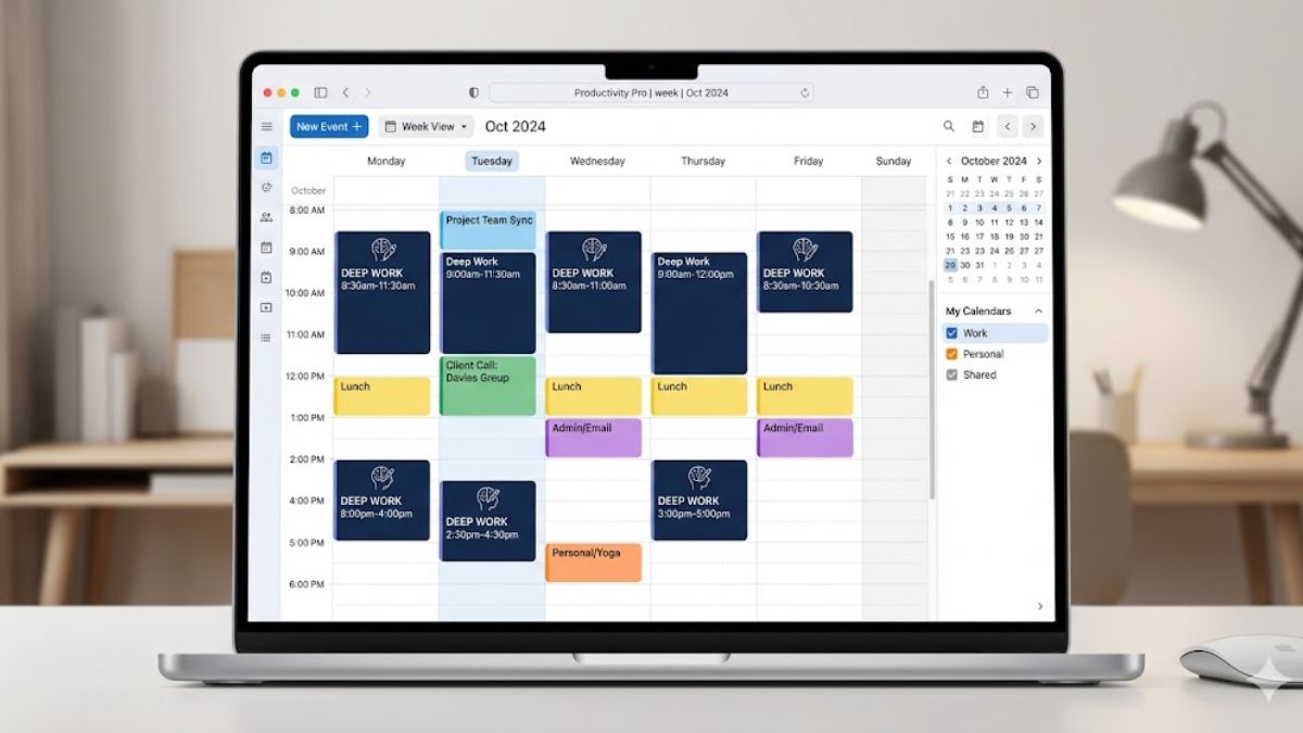 AI-managed calendar showing automated deep work blocks.