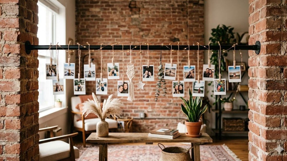 Tension rod decor hack for recessed brick walls