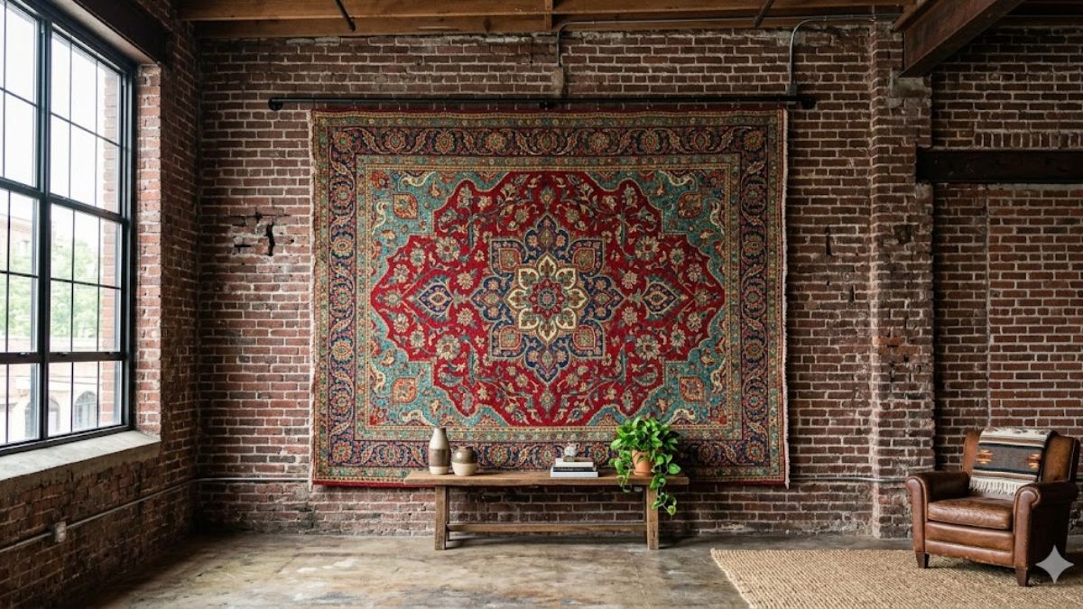 Hanging a vintage rug as brick wall decor