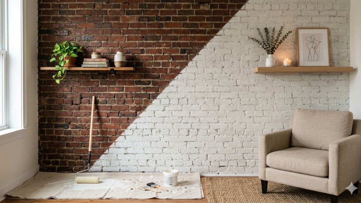 White lime wash finish on interior brick wall