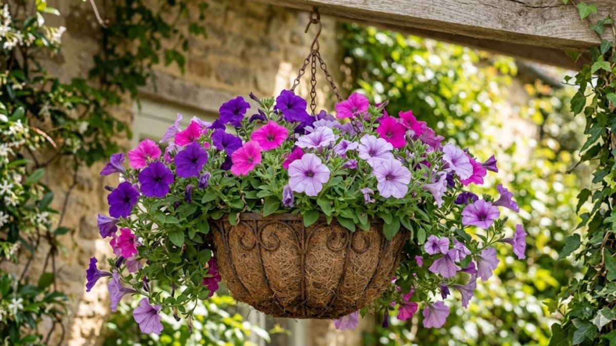 Vibrant pink and purple petunias in a hanging basket.