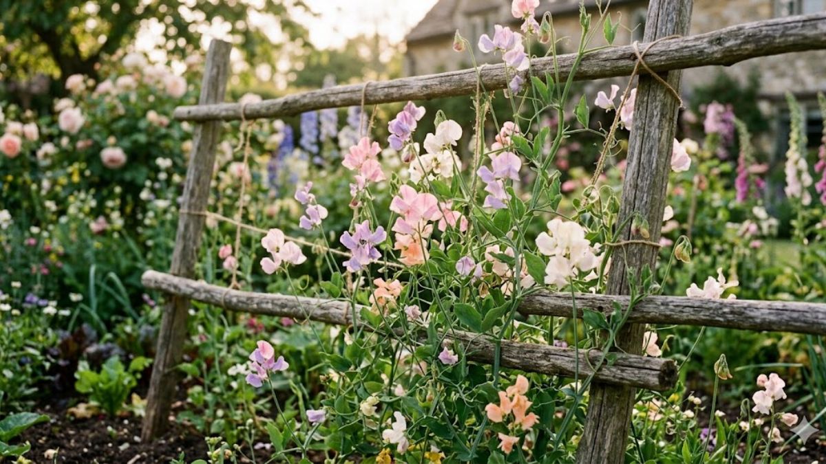 Pastel sweet pea flowers climbing a wooden trellis.
