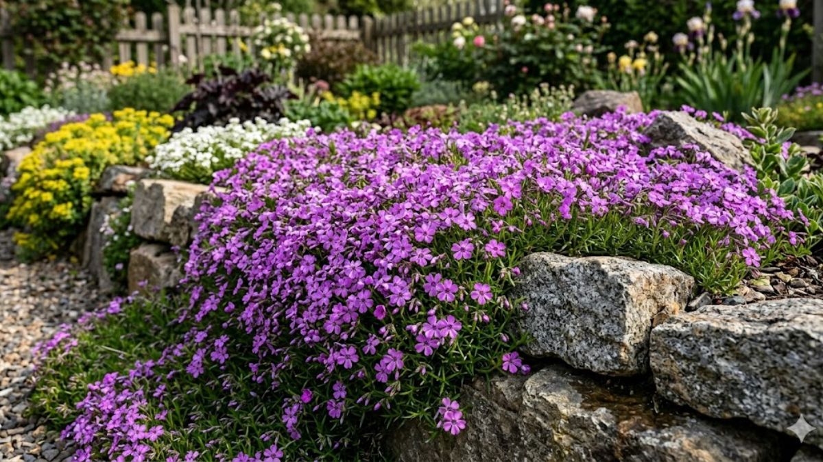 Purple creeping phlox ground cover spreading over rocks.