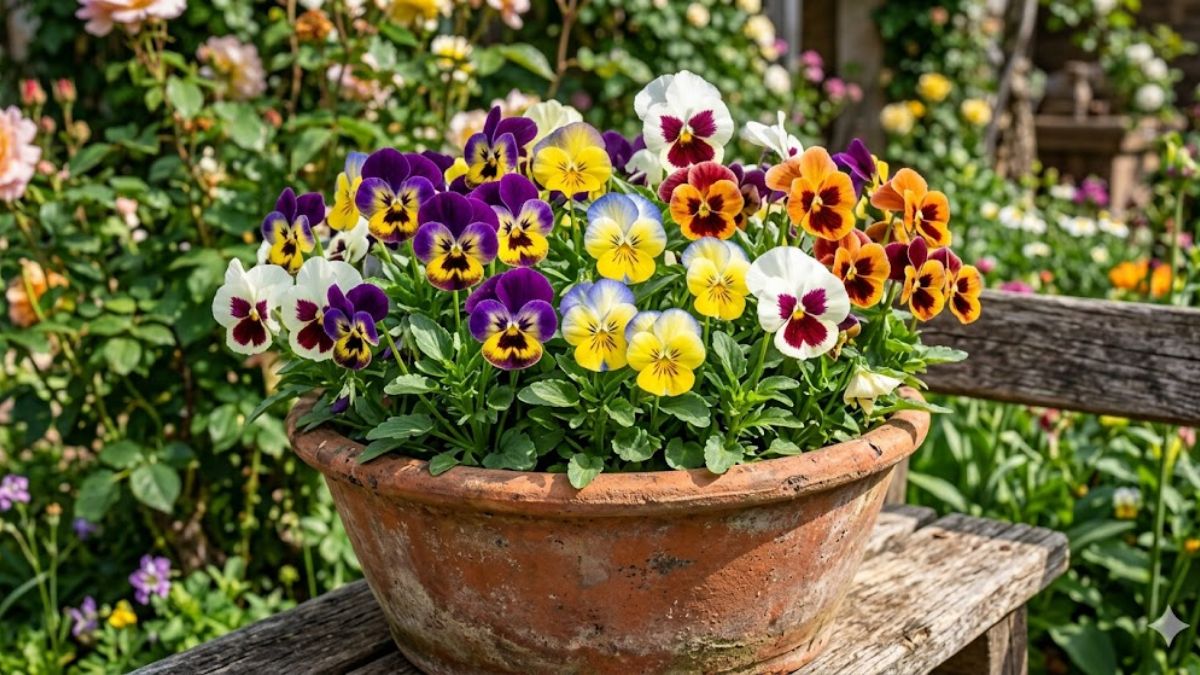Colorful pansies with "face" patterns in a terracotta pot.