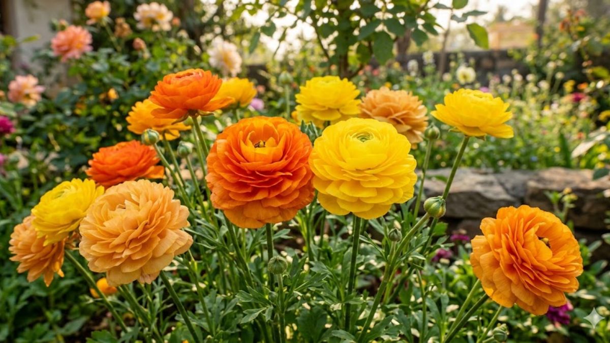 Layered orange and yellow ranunculus flowers in full bloom.