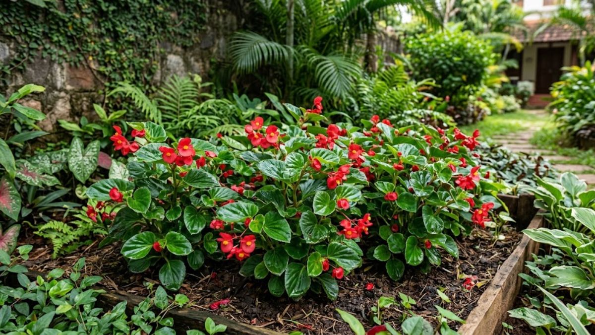 Red wax begonias flourishing in a shady garden spot.