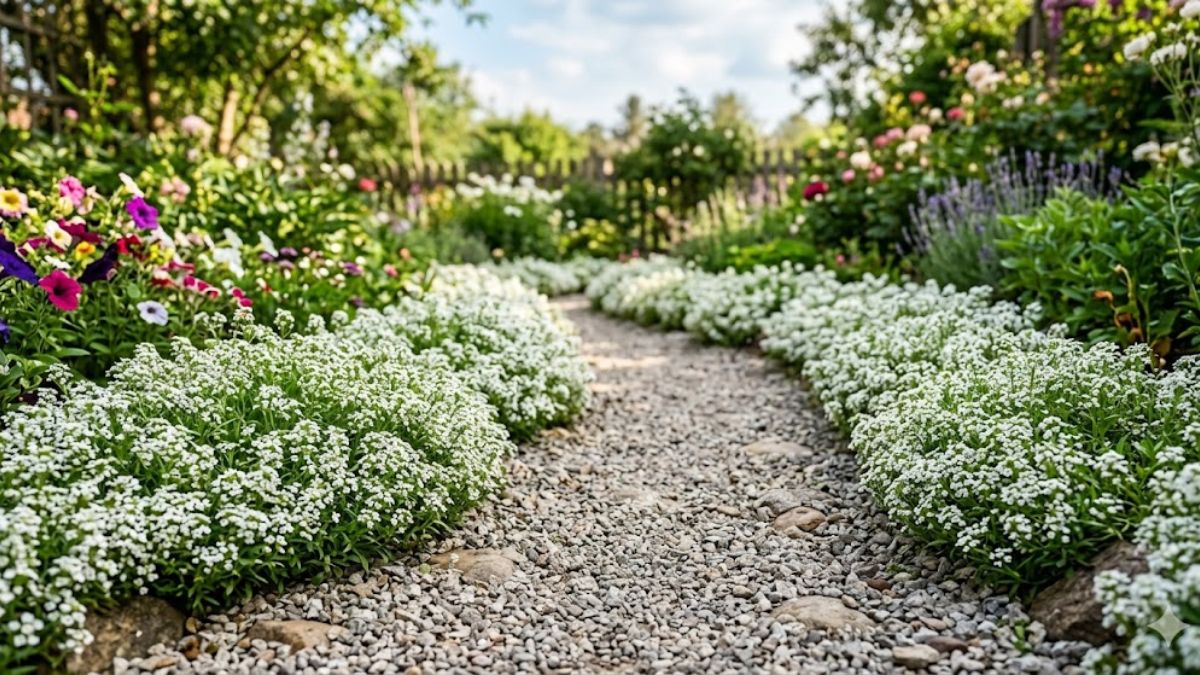 Tiny white sweet alyssum flowers used as a garden border.