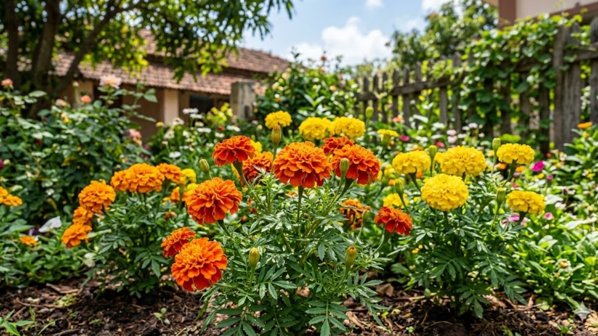 Orange and yellow marigolds in a sunny garden bed.