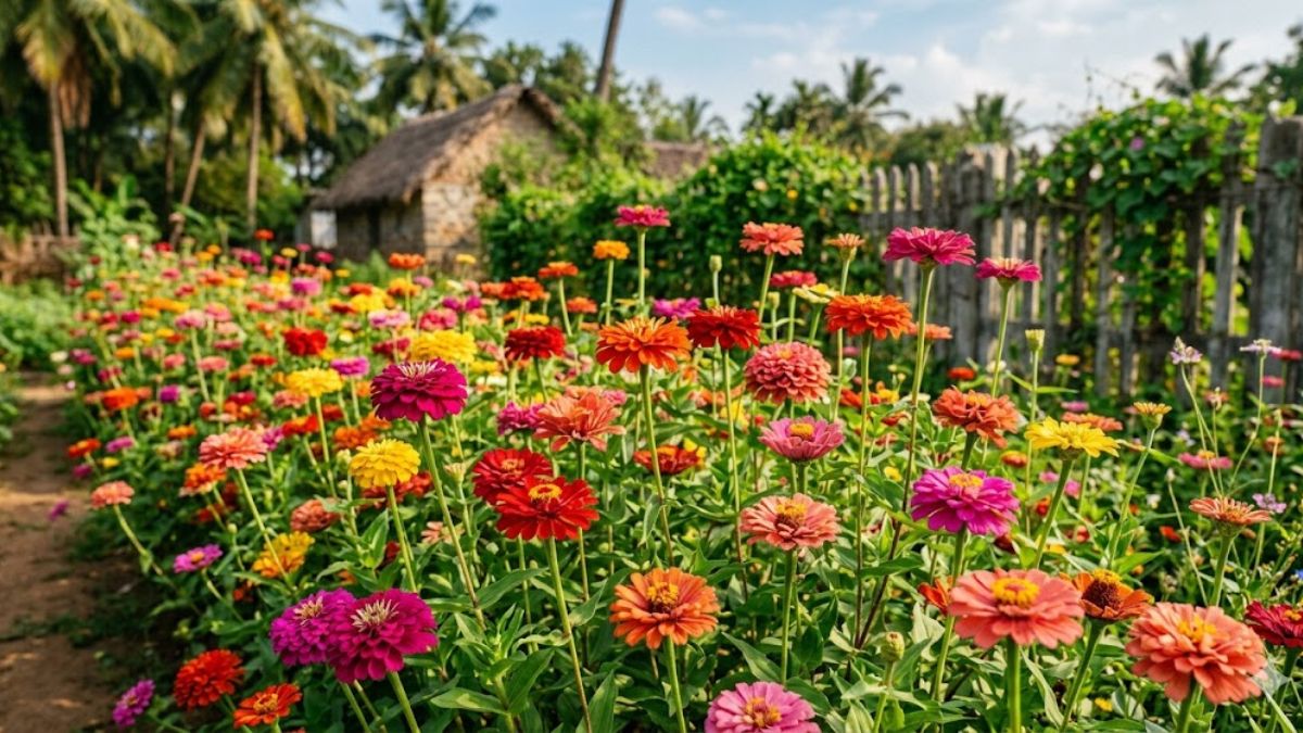 A variety of tall, colorful zinnias in a flower garden.