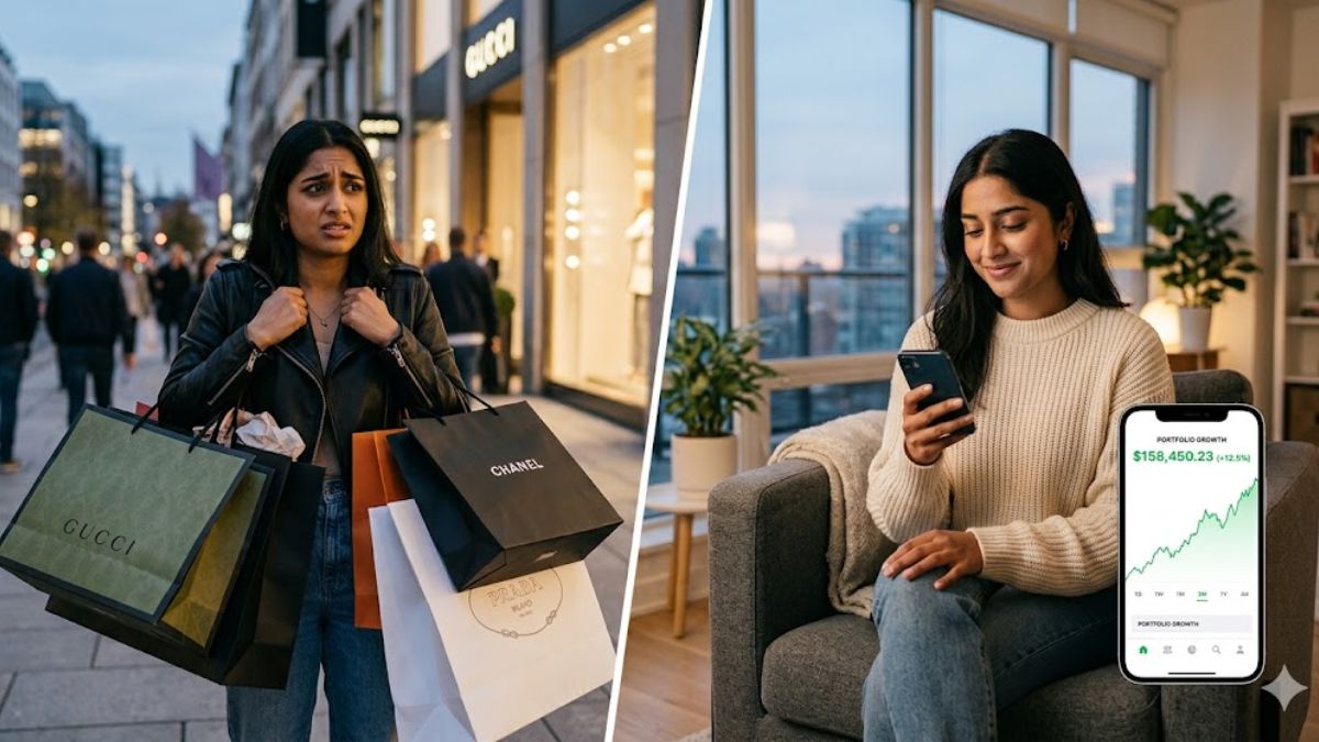 A comparison between the stress of luxury shopping and the peace of financial investing.