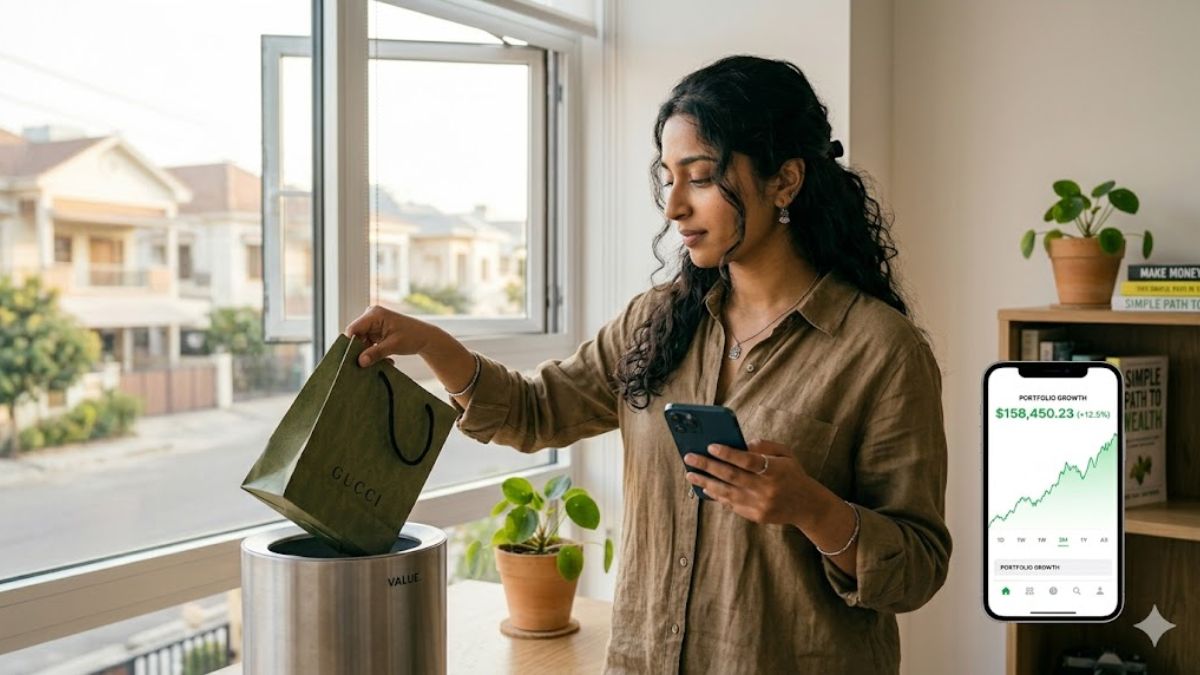 A young South Asian woman actively discards an empty 'GUCCI' shopping bag into a minimalist dustbin while showcasing a green rising financial portfolio chart on her smartphone, symbolizing the shift from luxury to asset.