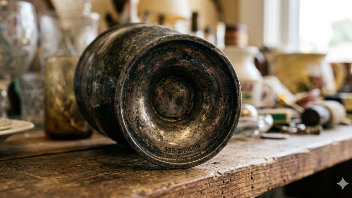 Close-up of hallmark stamp on sterling silver thrift find.