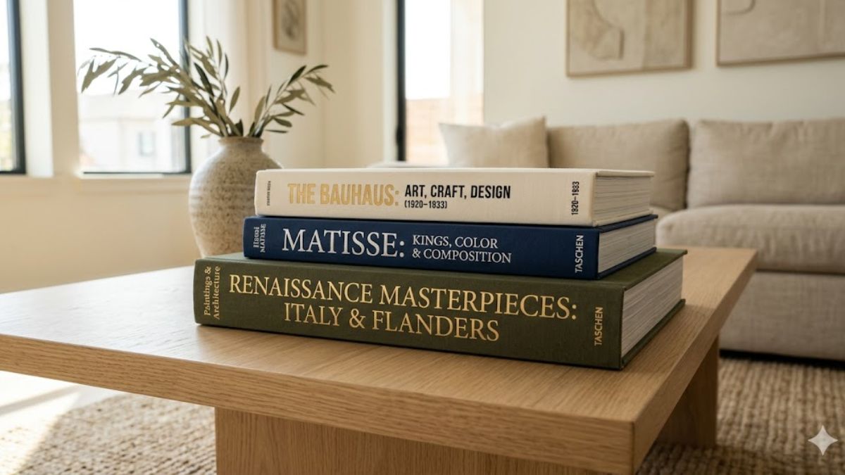 Stack of vintage art and design coffee table books.