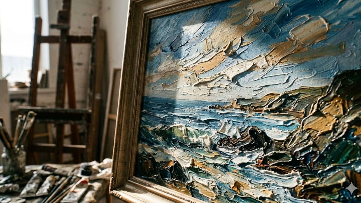 Textured brushstrokes on original thrifted oil painting.