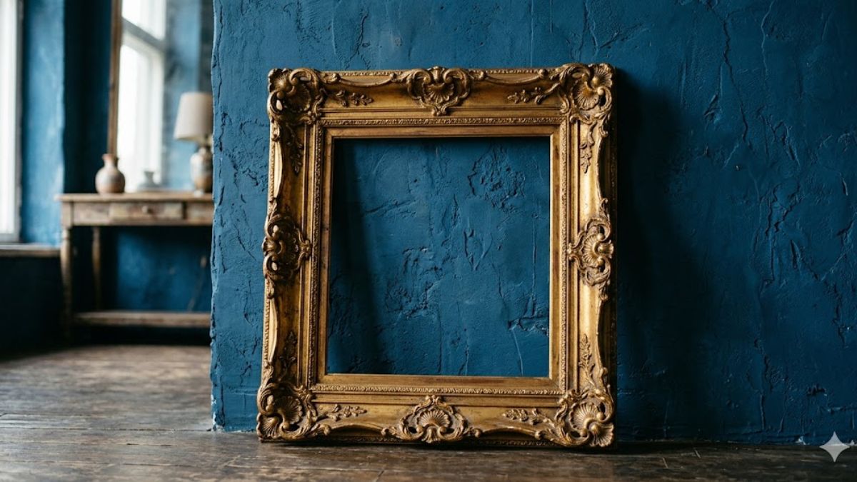 Empty ornate vintage gold picture frame from a thrift store.