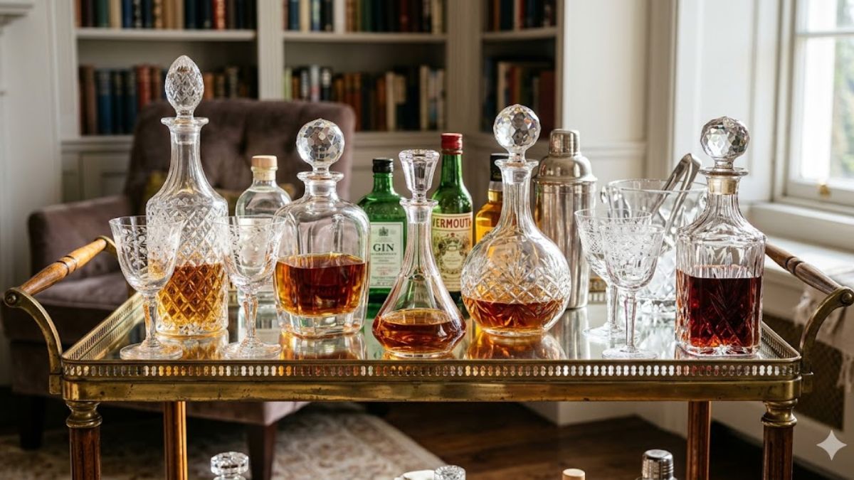 Collection of cut-crystal decanters and vintage barware.