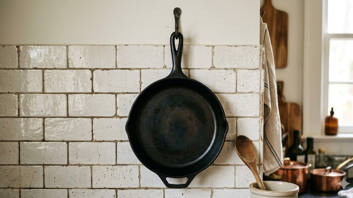 Seasoned black cast iron skillet hanging in a kitchen.