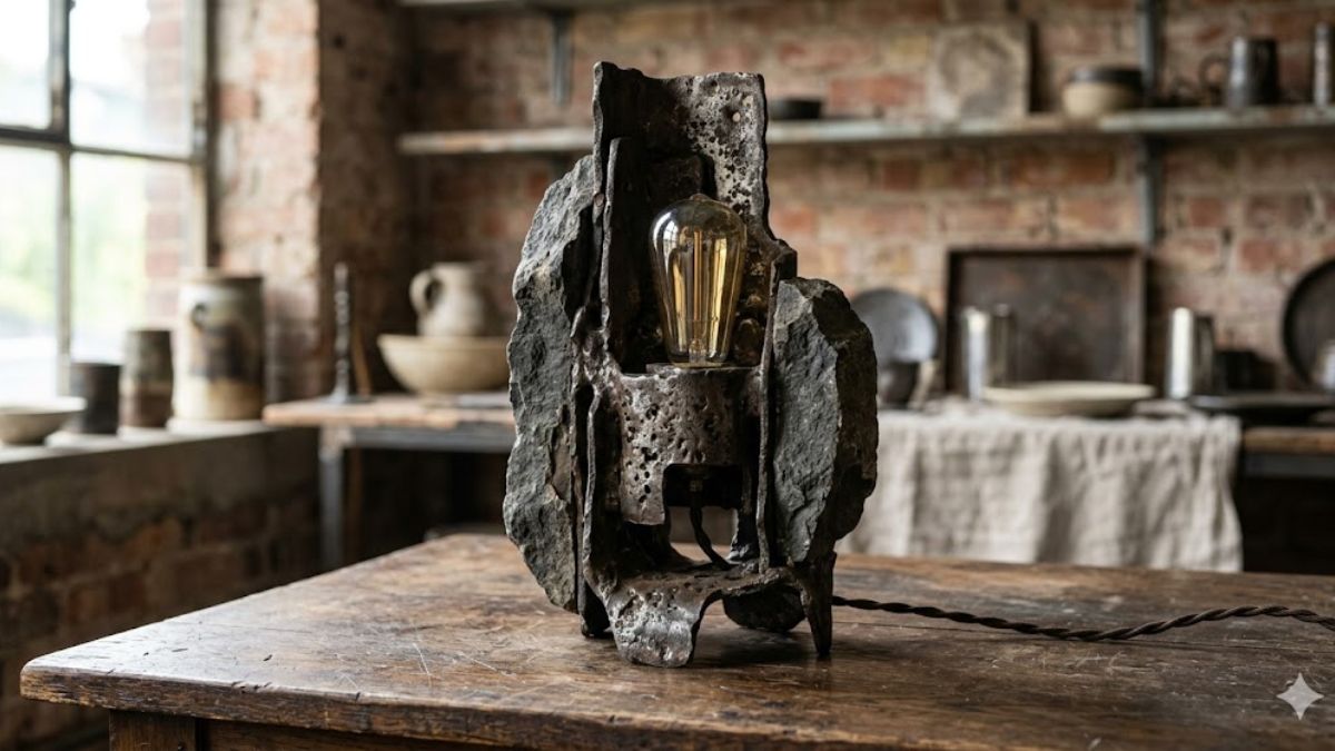 Unique sculptural metal lamp base without a shade.