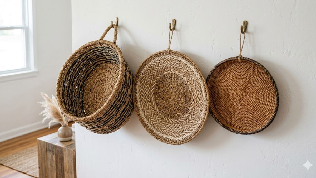 Cluster of woven natural fiber baskets as wall decor.