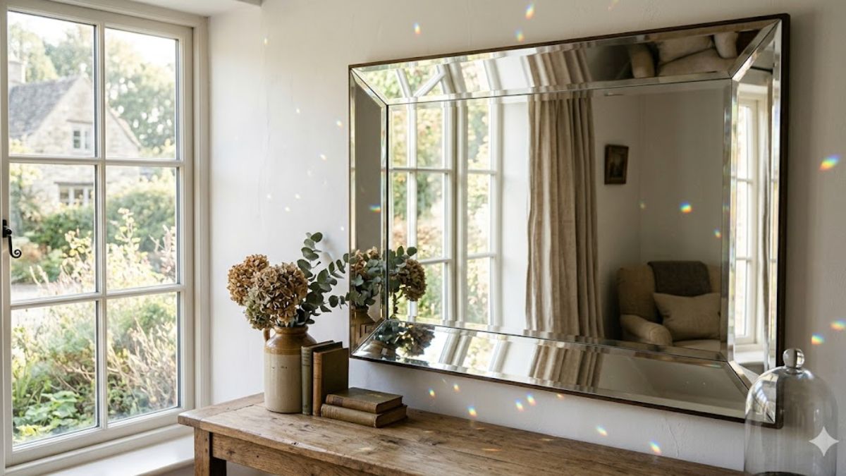 Beveled edge mirror refracting natural window light.