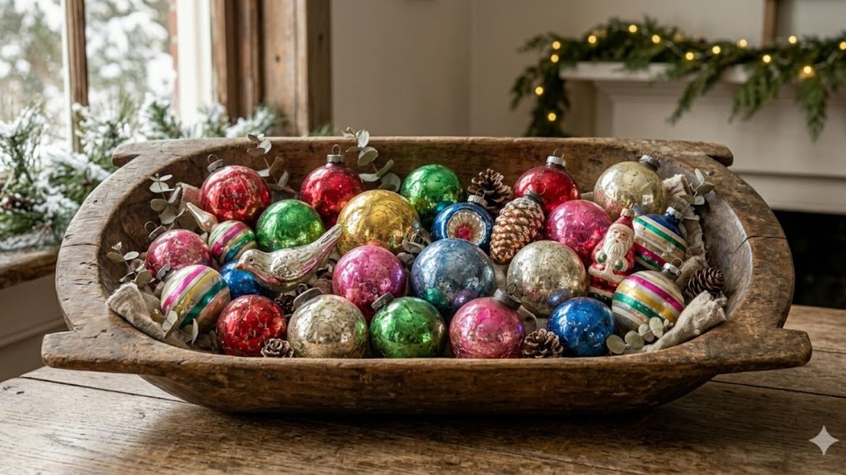 Vintage mercury glass Christmas ornaments in a wooden bowl.