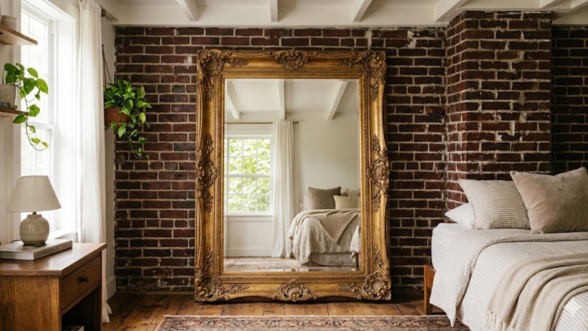 Large vintage mirror leaning against brick wall interior design