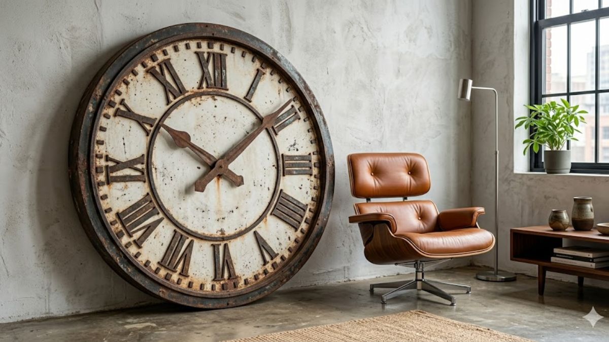 Oversized distressed industrial wall clock statement piece.