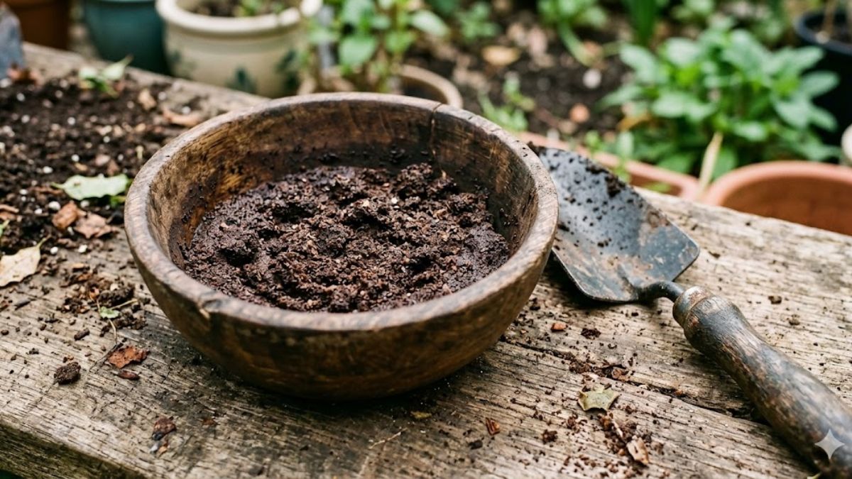 Used coffee grounds in a bowl for garden soil improvement.