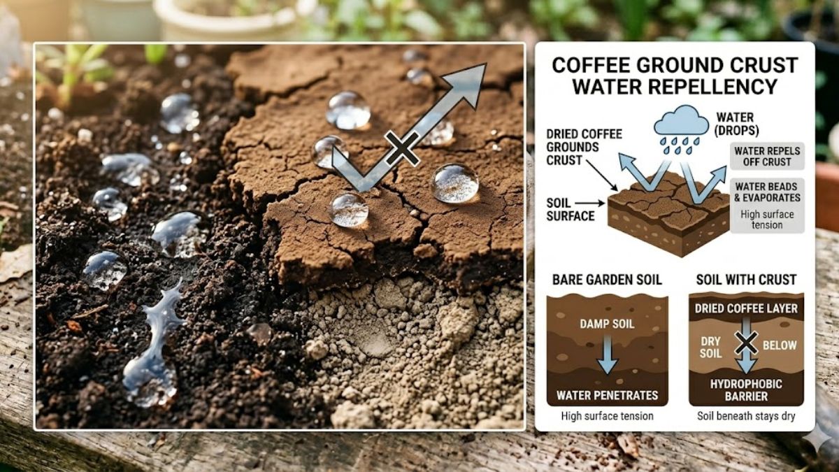 Dried coffee grounds forming a crust on garden soil.