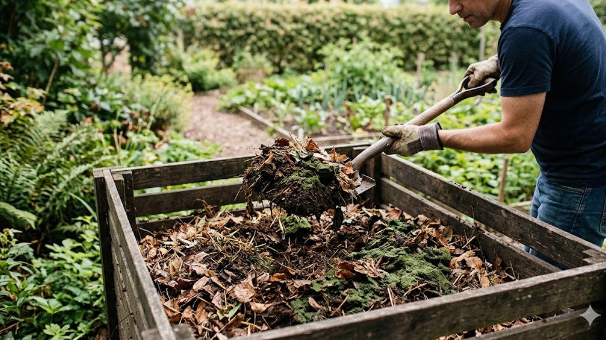 Mixing coffee grounds into a compost bin with brown organic matter.