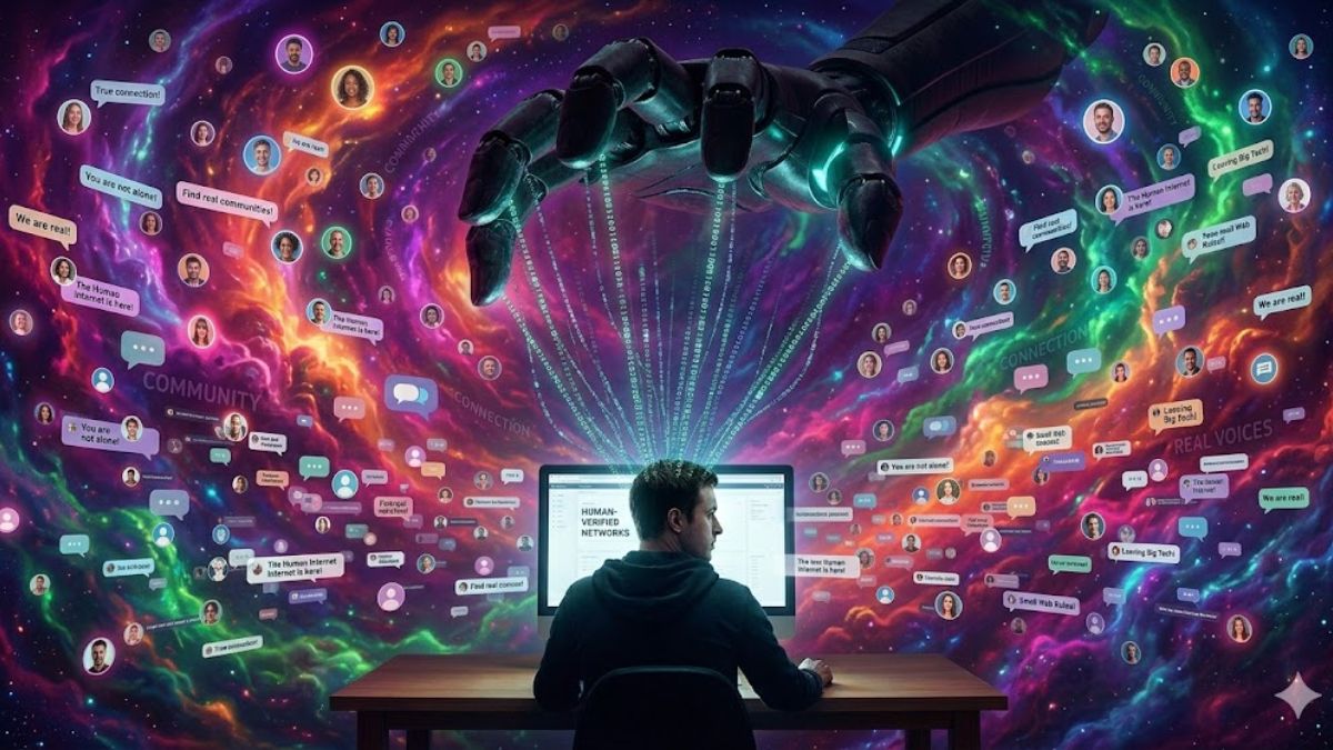 A vibrant, galaxy-themed visualization illustrating the Dead Internet Theory with a giant robotic hand controlling countless interconnected human profile icons and digital communication bubbles.