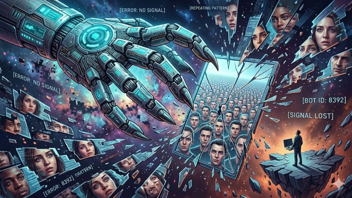 A surreal digital illustration depicting the Dead Internet Theory: A massive robotic hand manipulating a matrix of fake human faces, fragmented data, and "error" codes across a cosmic void, while a lone human figure stands isolated and helpless below.