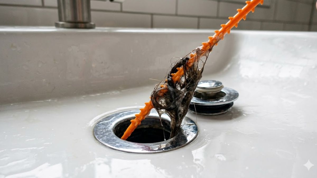 Plastic drain snake pulling a hair clog out of a bathroom sink.